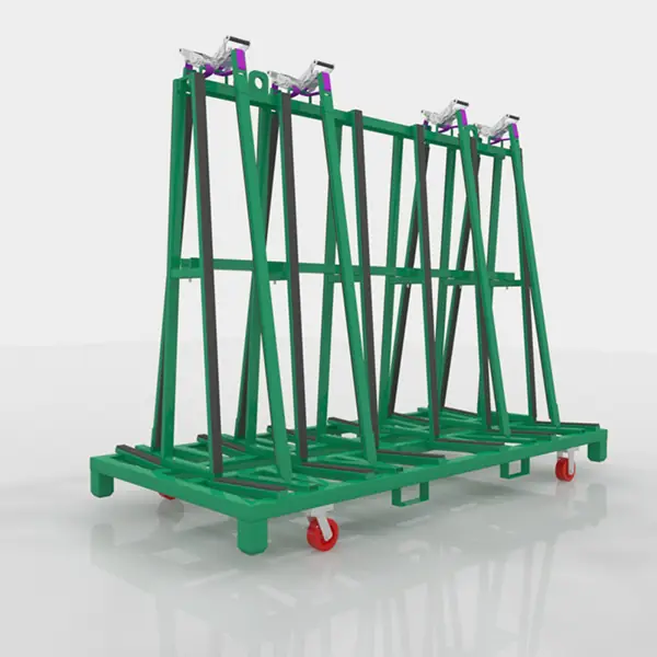 Green mobile A-frame transport rack for granite slabs on a white background