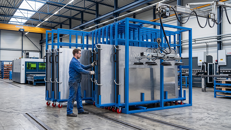 Vertical metal plate storage racks in a workshop with roll-out drawers and heavy-duty casters