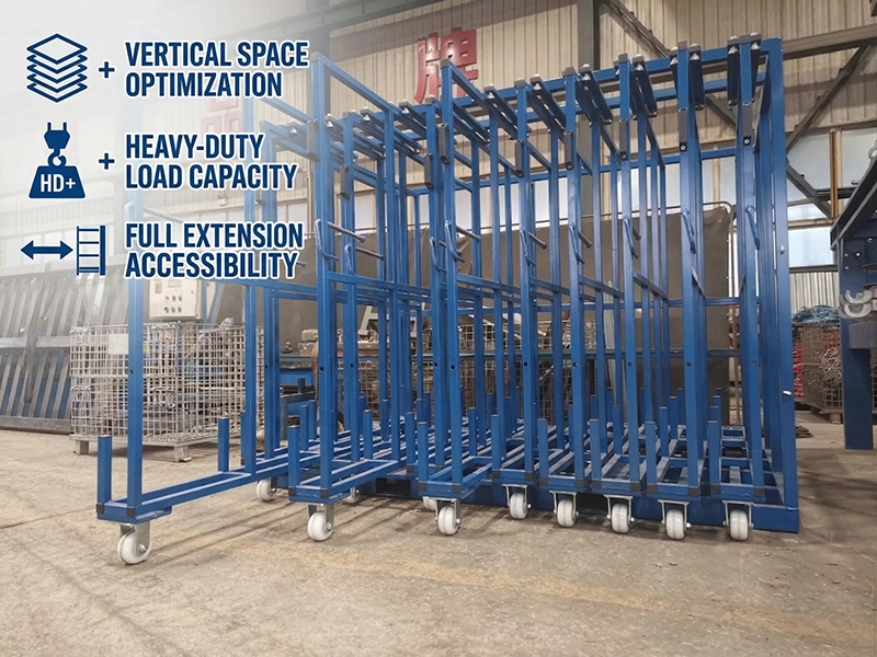 Vertical metal plate storage racks with roll-out drawers and overhead crane access