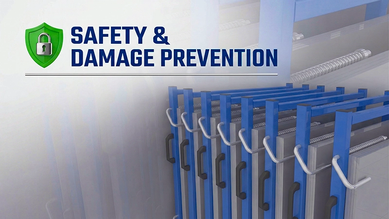 Sheet metal rack vertical with anti-tip hooks and roll-out drawers