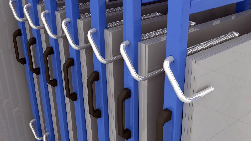 Sheet metal rack vertical with spring-loaded safety locking pins