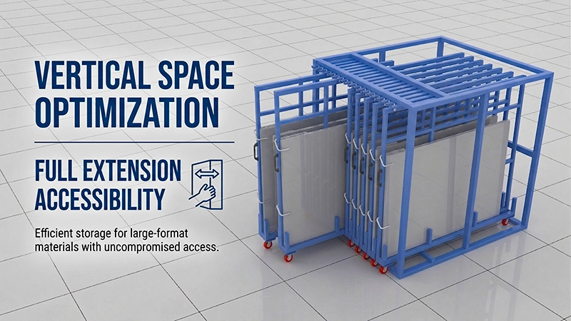 Vertical sheet metal rack with full-extension drawers and overhead crane access