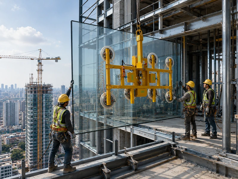 Crane suspended glass lifter handling a large curtain wall panel with multi-suction cups on a high-rise façade