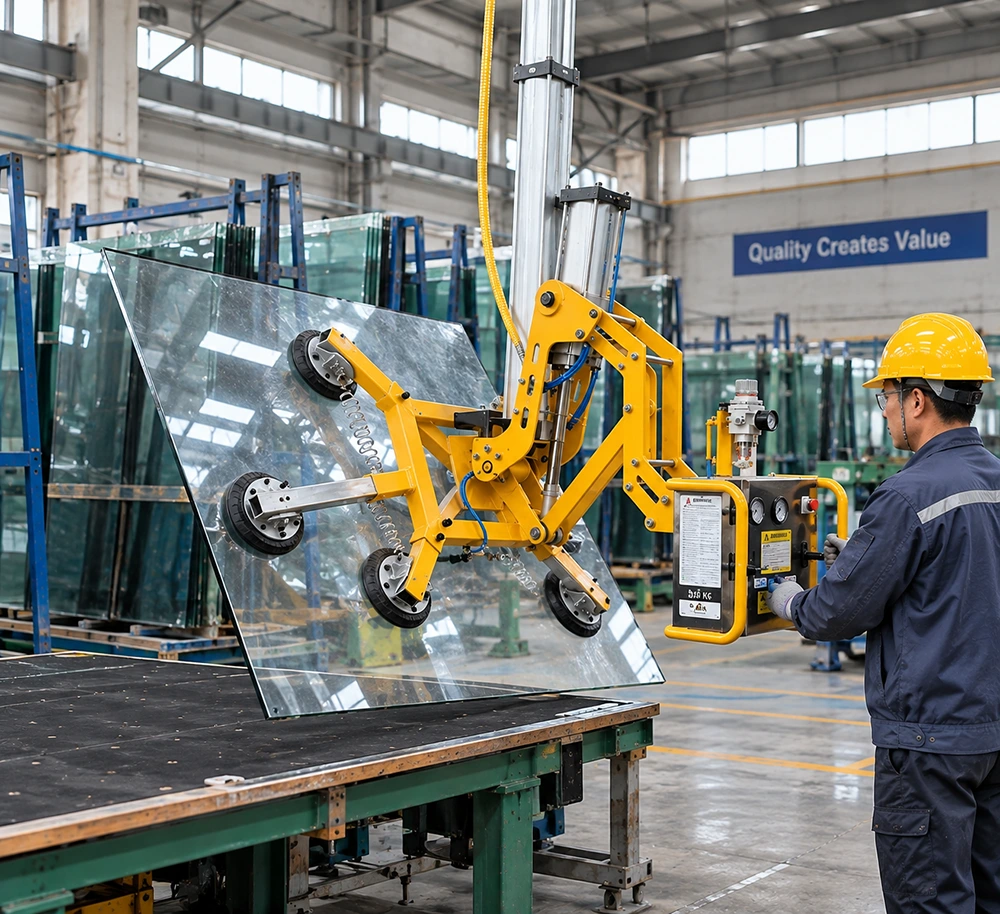 GSR CVLift vacuum glass lifter with four suction cups handling a large glass panel indoors